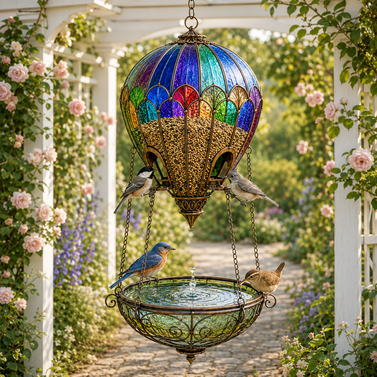 🌈 Stained Glass Hot Air Balloon Bird Feeder Fountain🐦