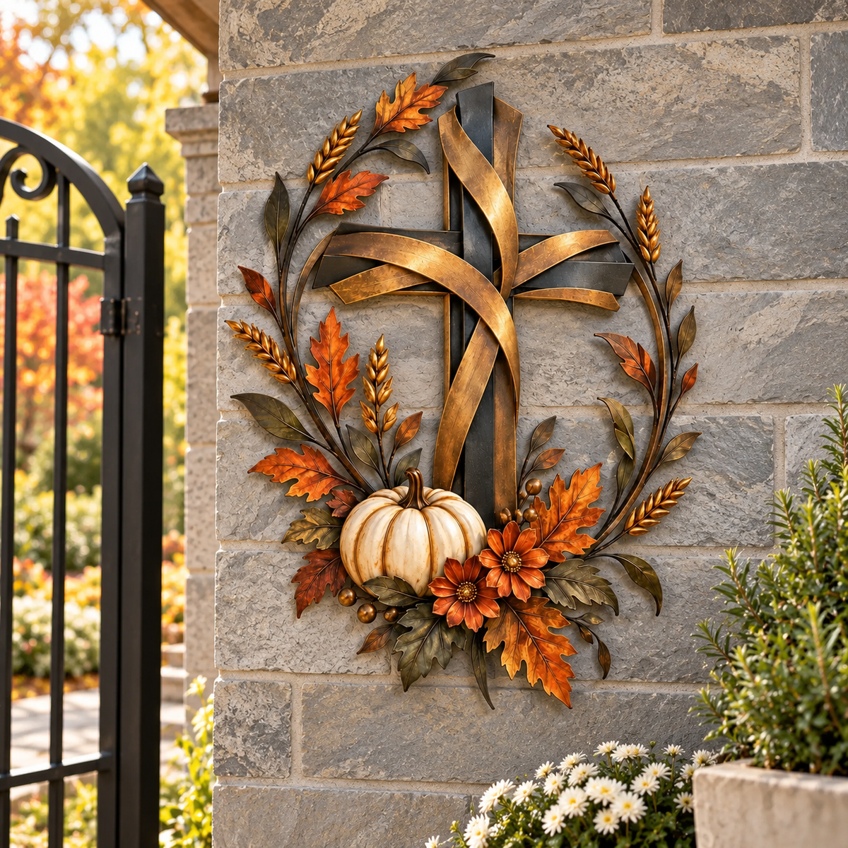 ✝️🍂 Autumn Cross & Pumpkin Harvest Metal Wall Decor