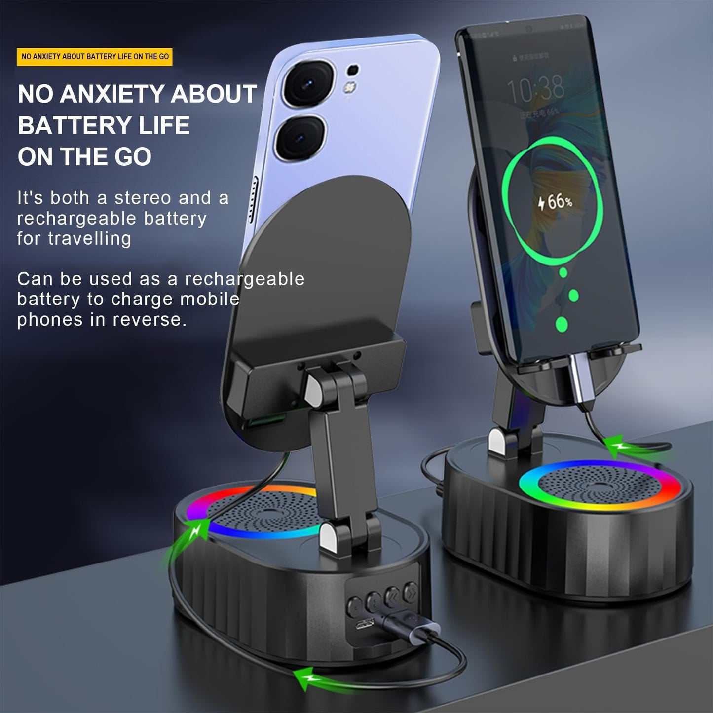 Upgraded Cell Phone Stand with Induction Speaker/Power Bank/Atmosphere Light