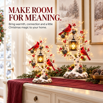 Cardinal Winter Lantern Tree – Lighted Snowy Birch Tree with Red Cardinals & Hanging Lantern ✨