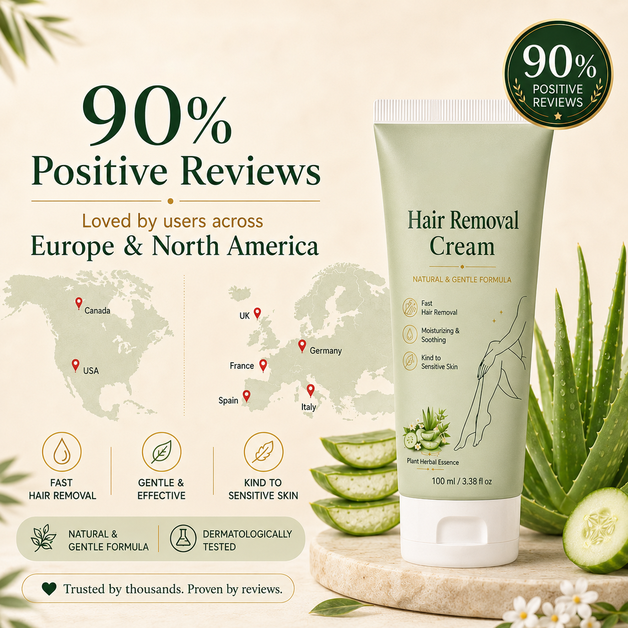 Natural Gentle Hair Removal Cream | For Women & Men, Sensitive Skin