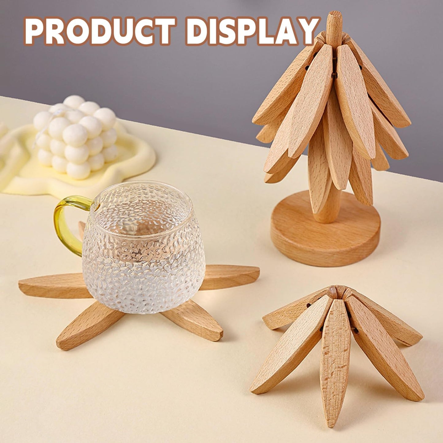 🎁Early Christmas Hot Sale 🎅Natural Tree Trivet Set - 4 bamoo Trivets & 1 Stand Like a Christmas Tree