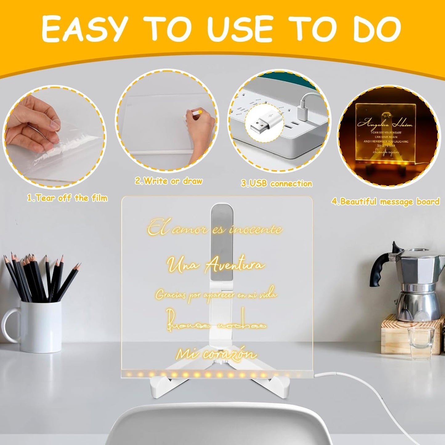 🎁Tableau d'affichage LED en acrylique réinscriptible créatif 🎨 (7 stylos inclus)