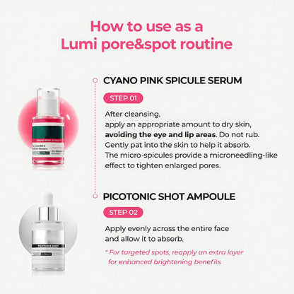 Lumi Pore & Spot Care Duo | Shrinks Pores & Fades Blemish Marks | Cyano Pink Spicule Serum + Picotonic Shot Ampoule