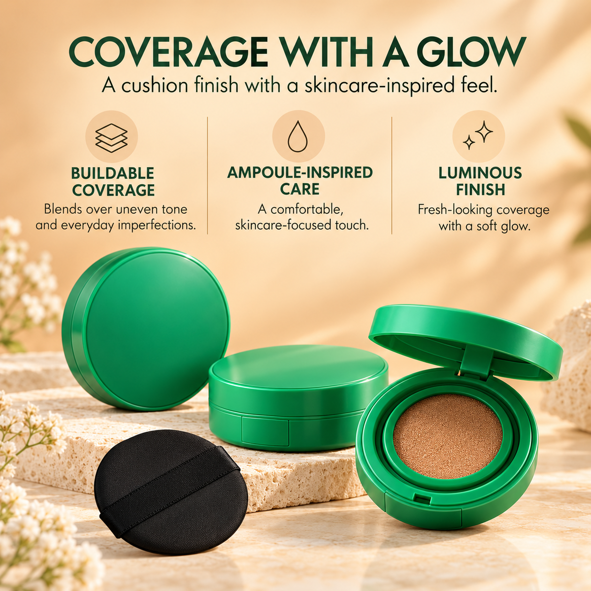 Toning Ampoule Cushion - 2-in-1 Korean Skincare & Makeup with EGF, Niacinamide & Hyaluron - 10 Shades