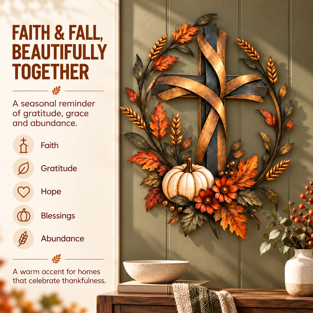 ✝️🍂 Autumn Cross & Pumpkin Harvest Metal Wall Decor
