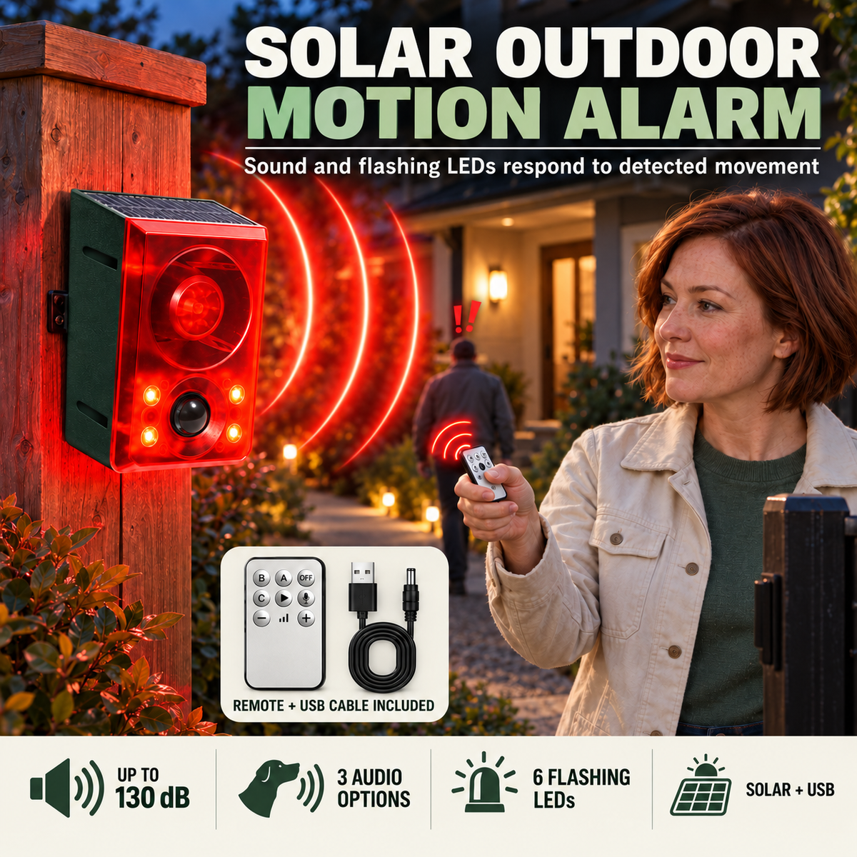Solar Outdoor Motion Sensor Alarm - Dog Barking & Gunshot Sound, Support Recording and Volume Adjustment, 130dB Noise with Flashing Light to Deter Raccoon, Deer, Skunk, Bear, Coyote