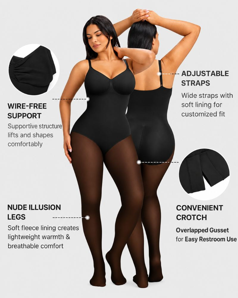 V-Neck Shaping Bodysuit with Fleece-Lined Tights