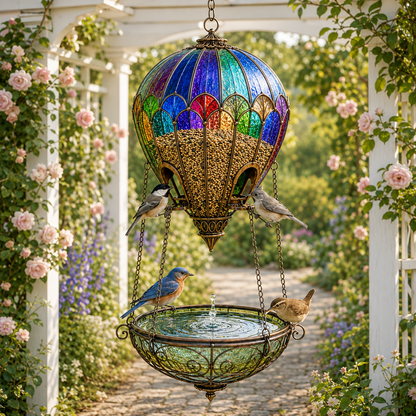 🌈 Stained Glass Hot Air Balloon Bird Feeder Fountain🐦