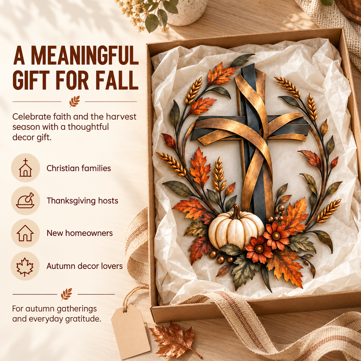 ✝️🍂 Autumn Cross & Pumpkin Harvest Metal Wall Decor