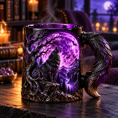 🌕🐺The Eternal Howl Collection — Heat-Changing Wolf Mug, Sculpted Wolf Tail Handle, Blue Moon, Blood Moon & Purple Moon Gothic Fantasy Designs, Gift for Wolf Lovers