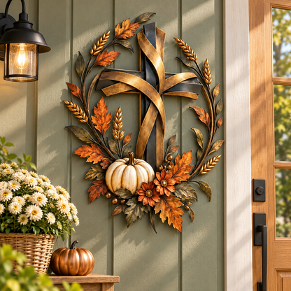 ✝️🍂 Autumn Cross & Pumpkin Harvest Metal Wall Decor