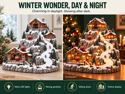 20cm-Animated Christmas Mountain Cable Car & Ski Village Scene ✨