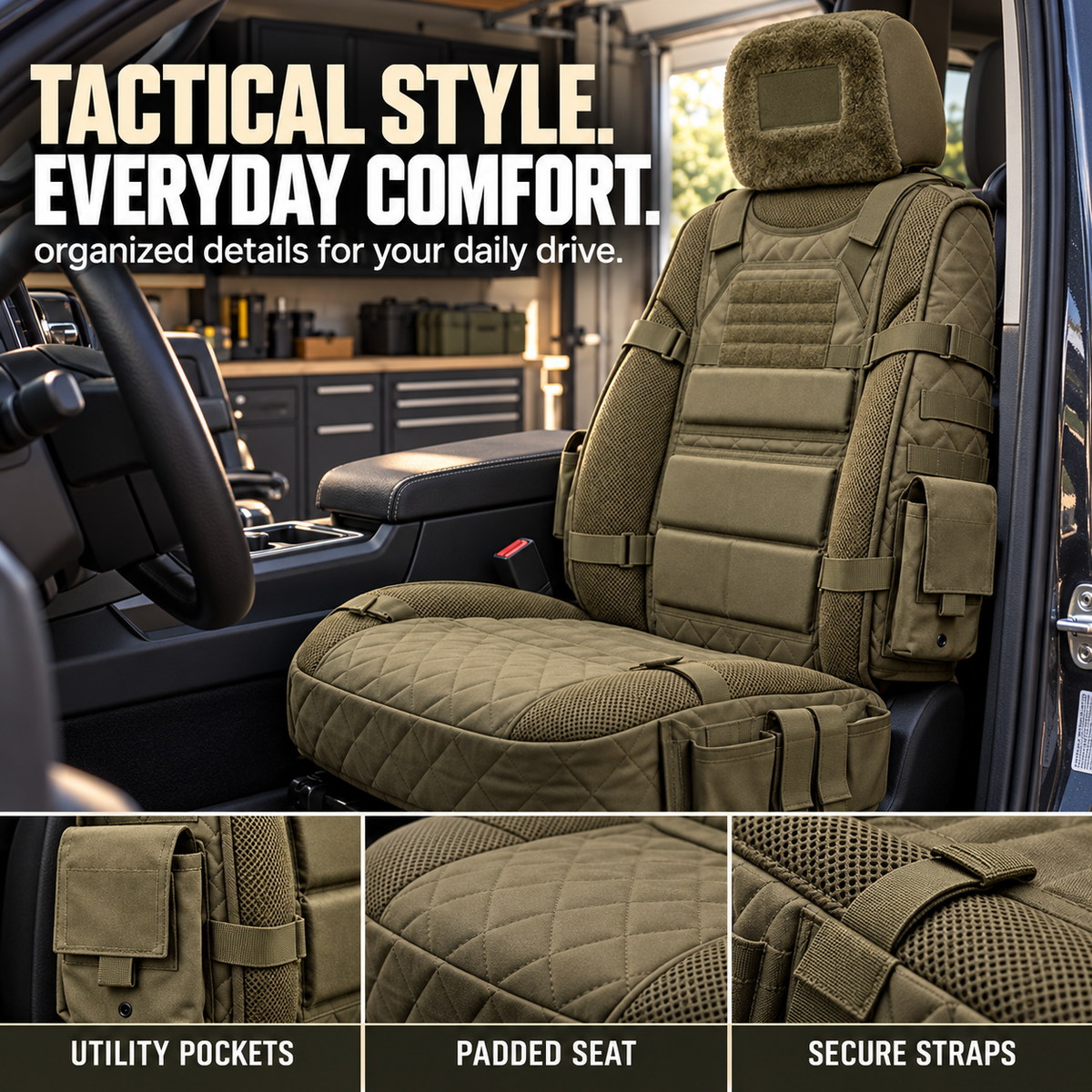 🚙 Durable Tactical Truck Seat Cover✨ Storage, Protection & All-Day Comfort
