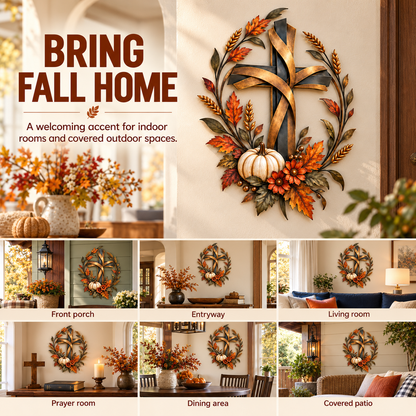 ✝️🍂 Autumn Cross & Pumpkin Harvest Metal Wall Decor