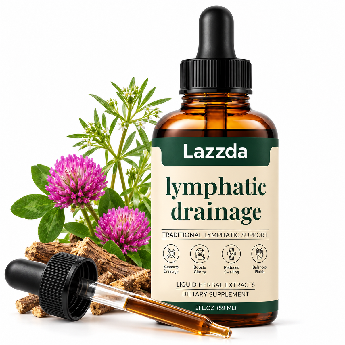 Lazzda Lymphatic Drainage Drops | 4-Botanical Daily Lymphatic Support, Alcohol-Free & Vegan, 2 Fl Oz