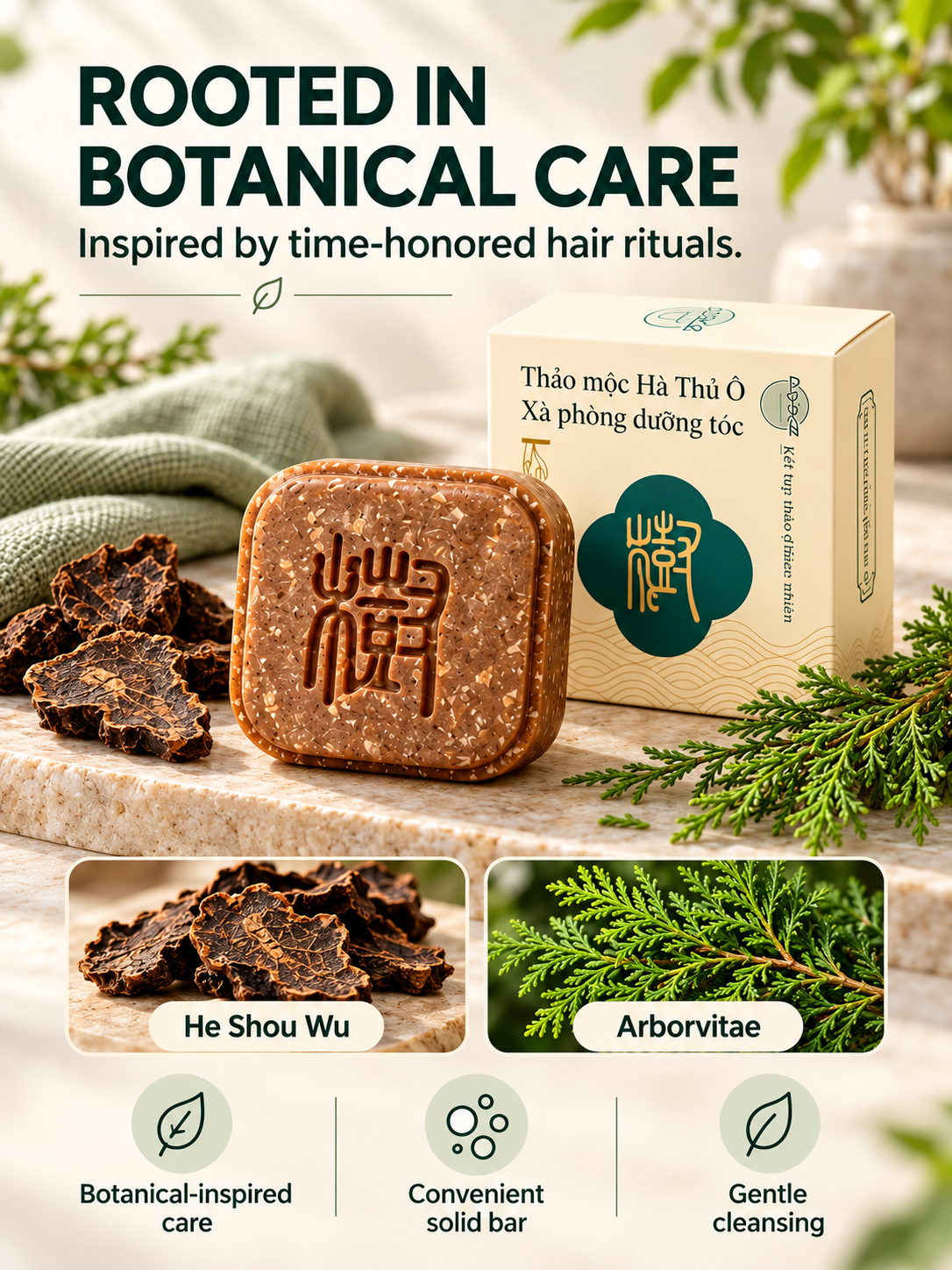 🌿 Hair Care Deal – Herbal He Shou Wu Shampoo Bar 🧼 Botanical Cleansing Soap with Arborvitae for a Fresh, Nourished Scalp ✨