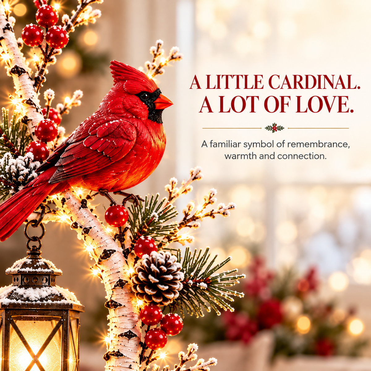 Cardinal Winter Lantern Tree – Lighted Snowy Birch Tree with Red Cardinals & Hanging Lantern ✨
