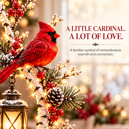 Cardinal Winter Lantern Tree – Lighted Snowy Birch Tree with Red Cardinals & Hanging Lantern ✨