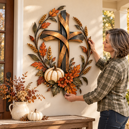 ✝️🍂 Autumn Cross & Pumpkin Harvest Metal Wall Decor