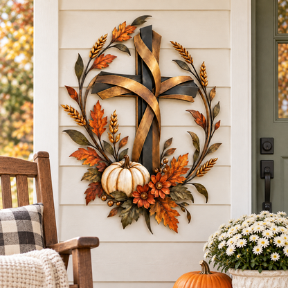 ✝️🍂 Autumn Cross & Pumpkin Harvest Metal Wall Decor