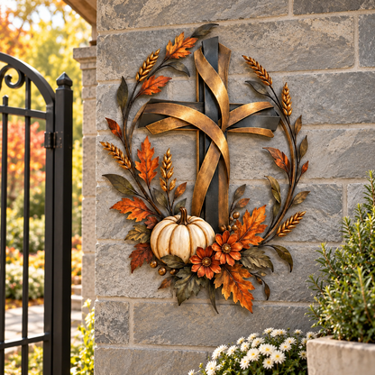 ✝️🍂 Autumn Cross & Pumpkin Harvest Metal Wall Decor