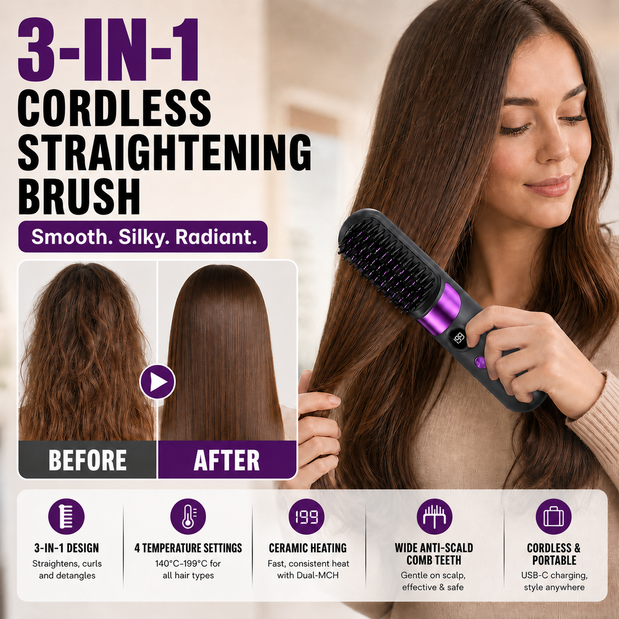 💇‍♀️🔥 3-in-1 Cordless Hair Straightening Brush – Straighten, Curl & Detangle – USB-C Rechargeable with 4 Heat Settings – Perfect Hair Anywhere! ✨
