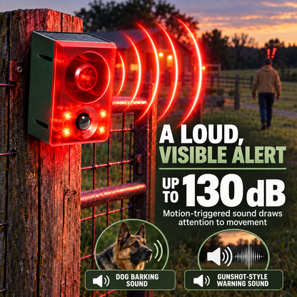 Solar Outdoor Motion Sensor Alarm - Dog Barking & Gunshot Sound, Support Recording and Volume Adjustment, 130dB Noise with Flashing Light to Deter Raccoon, Deer, Skunk, Bear, Coyote