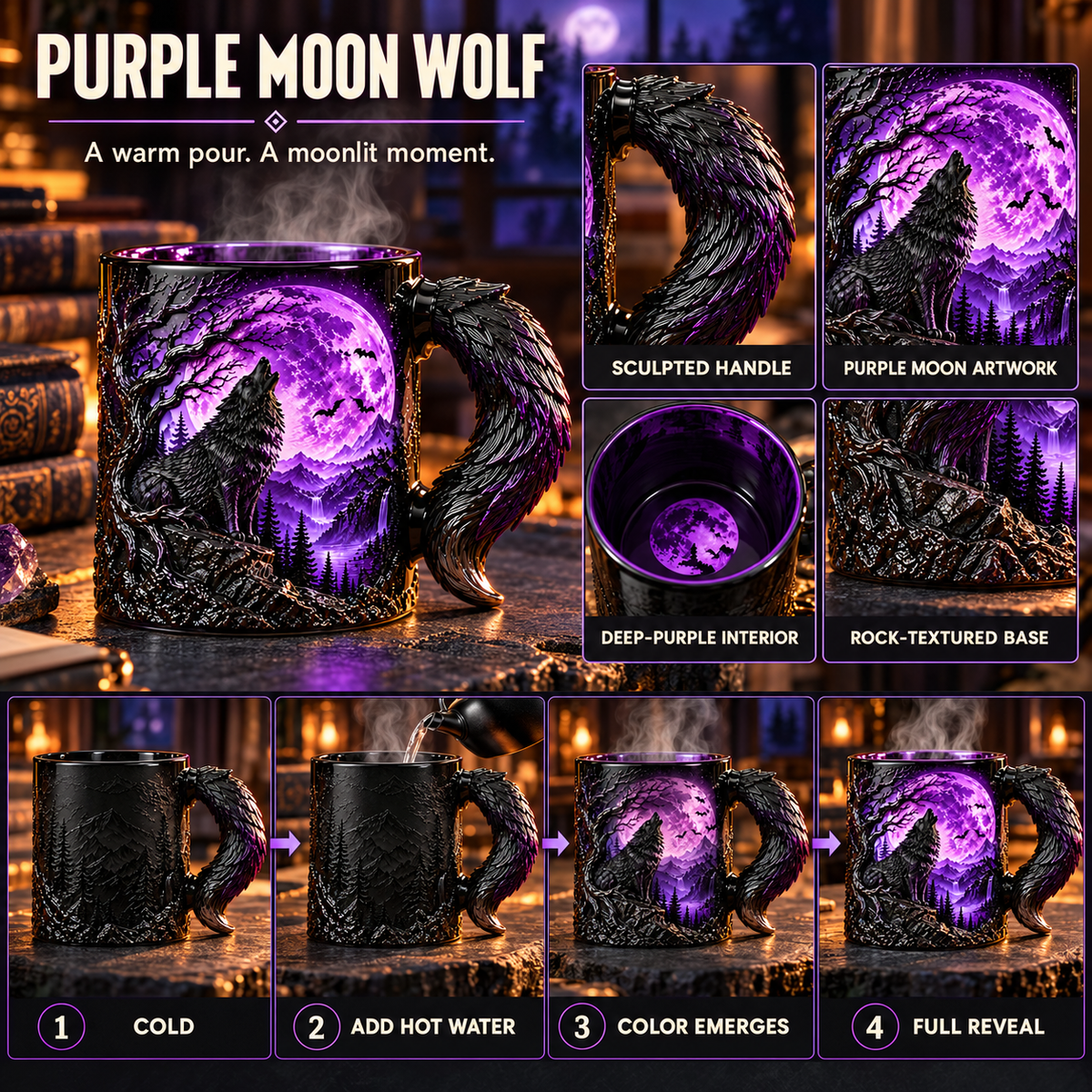 🌕🐺The Eternal Howl Collection — Heat-Changing Wolf Mug, Sculpted Wolf Tail Handle, Blue Moon, Blood Moon & Purple Moon Gothic Fantasy Designs, Gift for Wolf Lovers