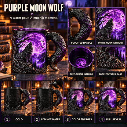 🌕🐺The Eternal Howl Collection — Heat-Changing Wolf Mug, Sculpted Wolf Tail Handle, Blue Moon, Blood Moon & Purple Moon Gothic Fantasy Designs, Gift for Wolf Lovers