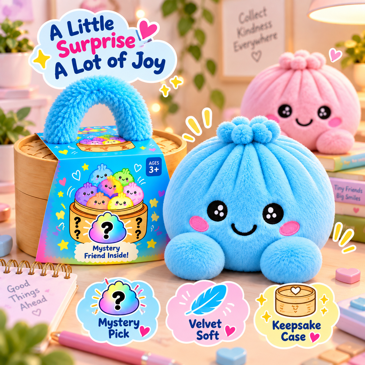 ✨Rainbow Dumpling Squishy Plush Toy with Imitation Bamboo Steamer, Christmas Decor Gift