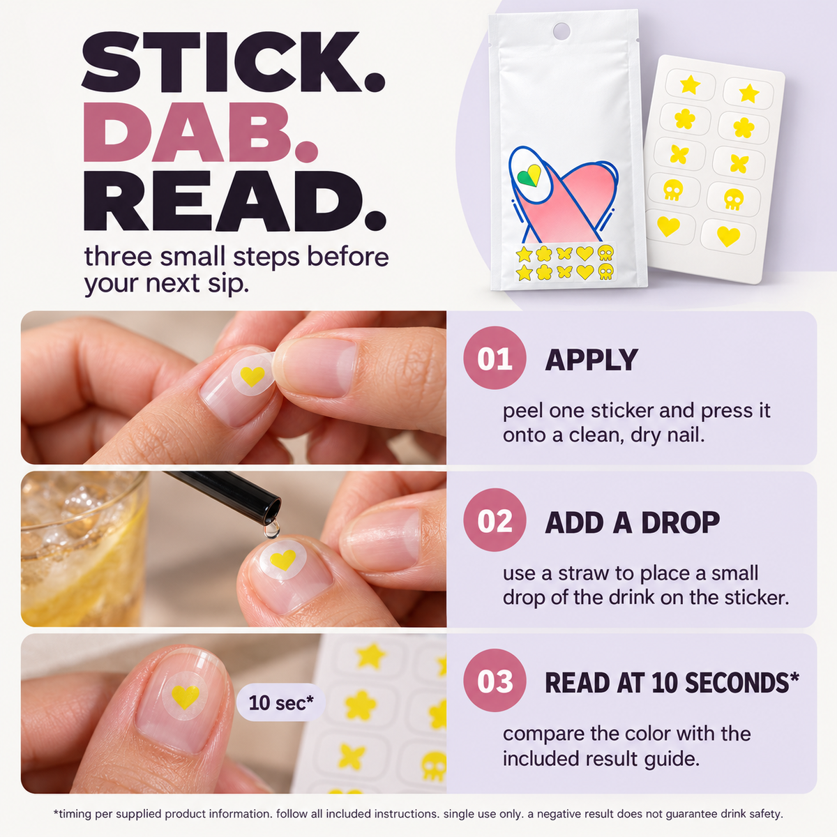 Nail Sticker Drink Spike Test Strips Kit, 10 Single Use Stickers, 1 Pack