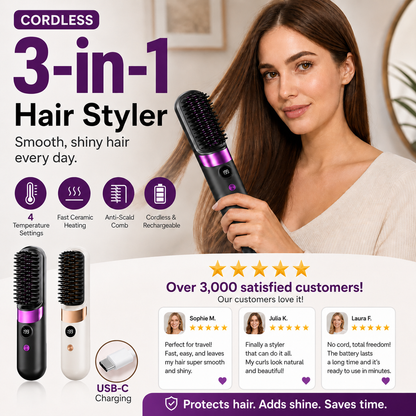💇‍♀️🔥 3-in-1 Cordless Hair Straightening Brush – Straighten, Curl & Detangle – USB-C Rechargeable with 4 Heat Settings – Perfect Hair Anywhere! ✨