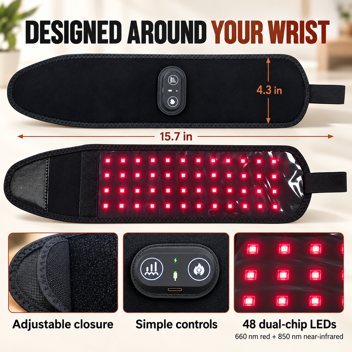Lazzda Red Light Therapy Wrist Wrap for Carpal Tunnel – 3 Heat Levels