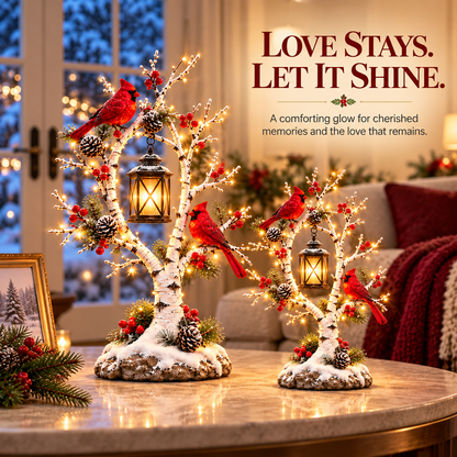 Cardinal Winter Lantern Tree – Lighted Snowy Birch Tree with Red Cardinals & Hanging Lantern ✨