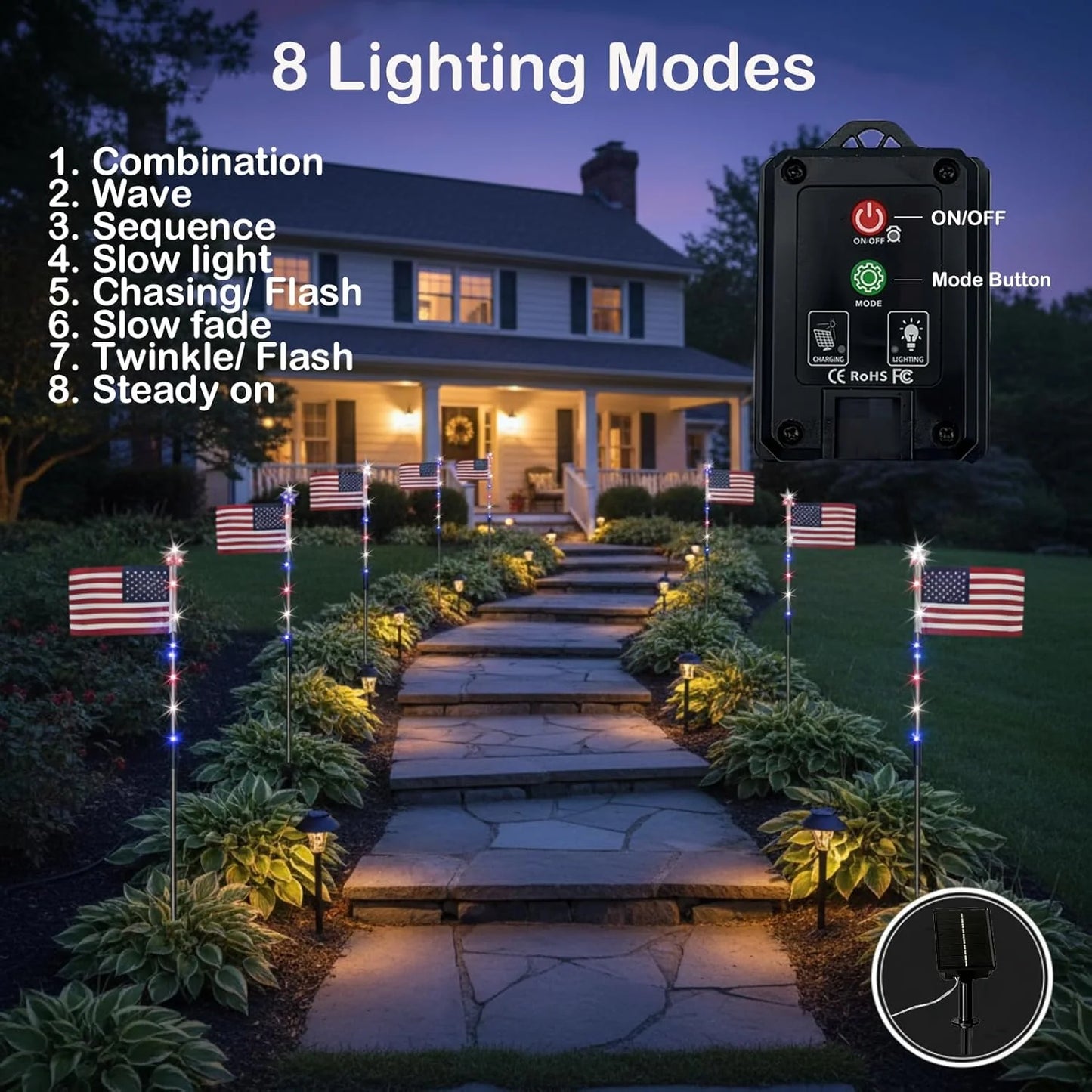 🔥MADE IN USA-8-Piece Flag Light Set🔥 – 4th of July Decorations with 8 Lighting Modes