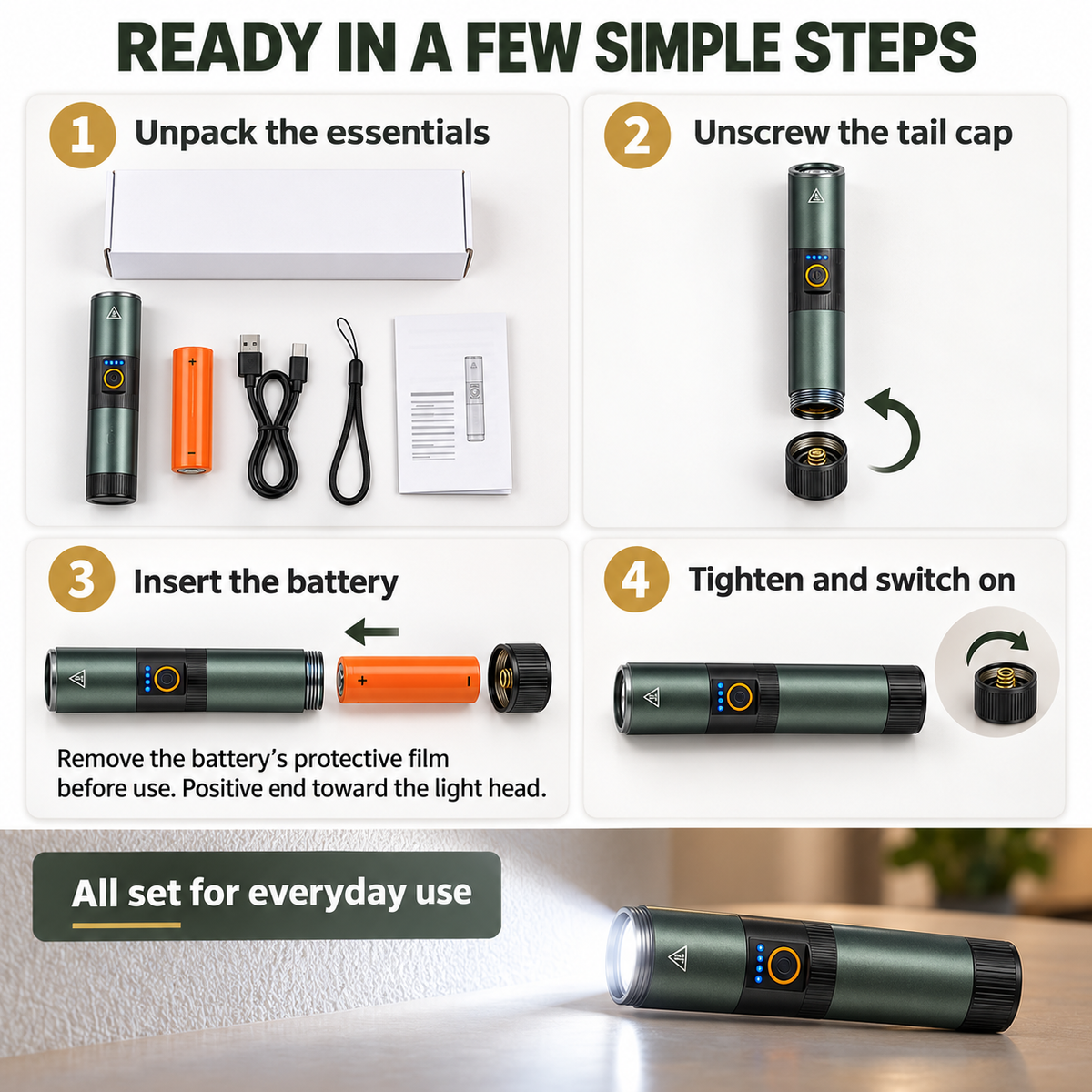 Tactical Flashlight 1800 Lumens Rechargeable