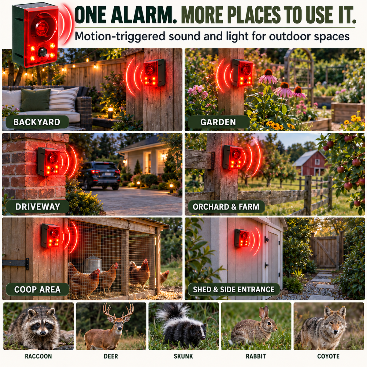 Solar Outdoor Motion Sensor Alarm - Dog Barking & Gunshot Sound, Support Recording and Volume Adjustment, 130dB Noise with Flashing Light to Deter Raccoon, Deer, Skunk, Bear, Coyote