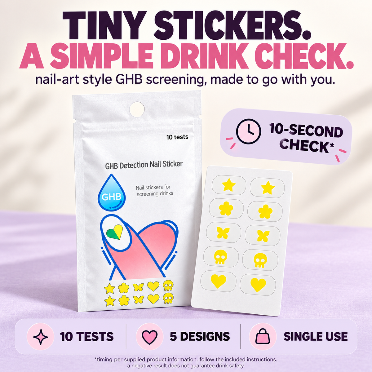 Nail Sticker Drink Spike Test Strips Kit, 10 Single Use Stickers, 1 Pack