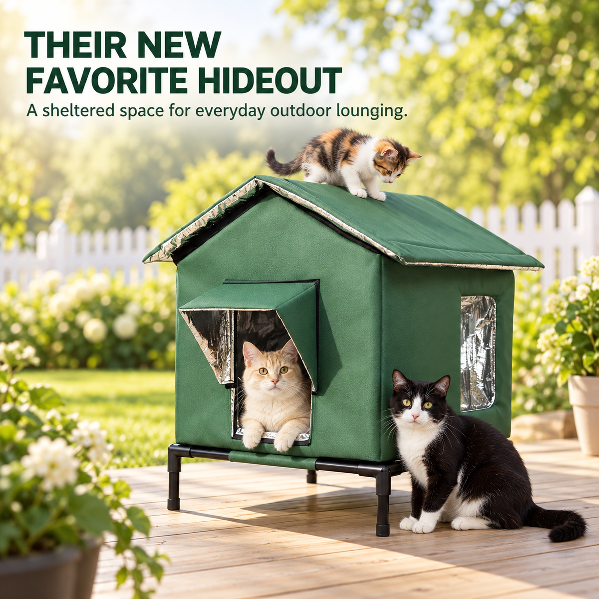 🐱All-Weather Elevated Outdoor Cat House – Waterproof, Thermal Lining, Foldable