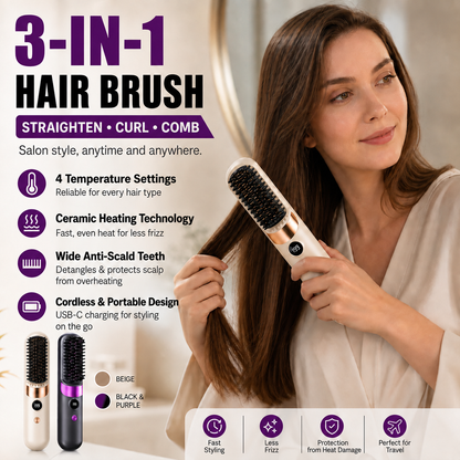💇‍♀️🔥 3-in-1 Cordless Hair Straightening Brush – Straighten, Curl & Detangle – USB-C Rechargeable with 4 Heat Settings – Perfect Hair Anywhere! ✨