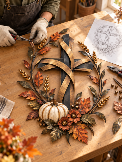 ✝️🍂 Autumn Cross & Pumpkin Harvest Metal Wall Decor