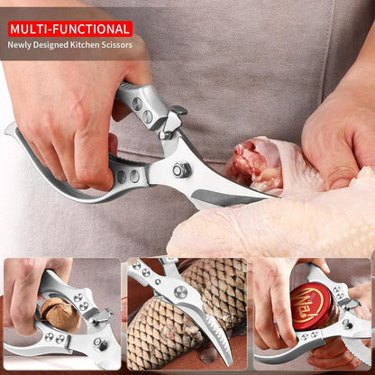 ✂️ Heavy-Duty Multifunction Kitchen Shears – 4-in-1 Tool with Fish Scaler, Bottle Opener & Safety Lock 🔪