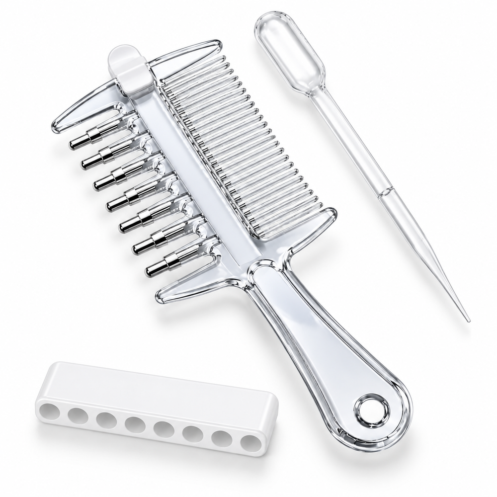Double-sided scalp applicator comb showing comb teeth and metal roller applicator tips
