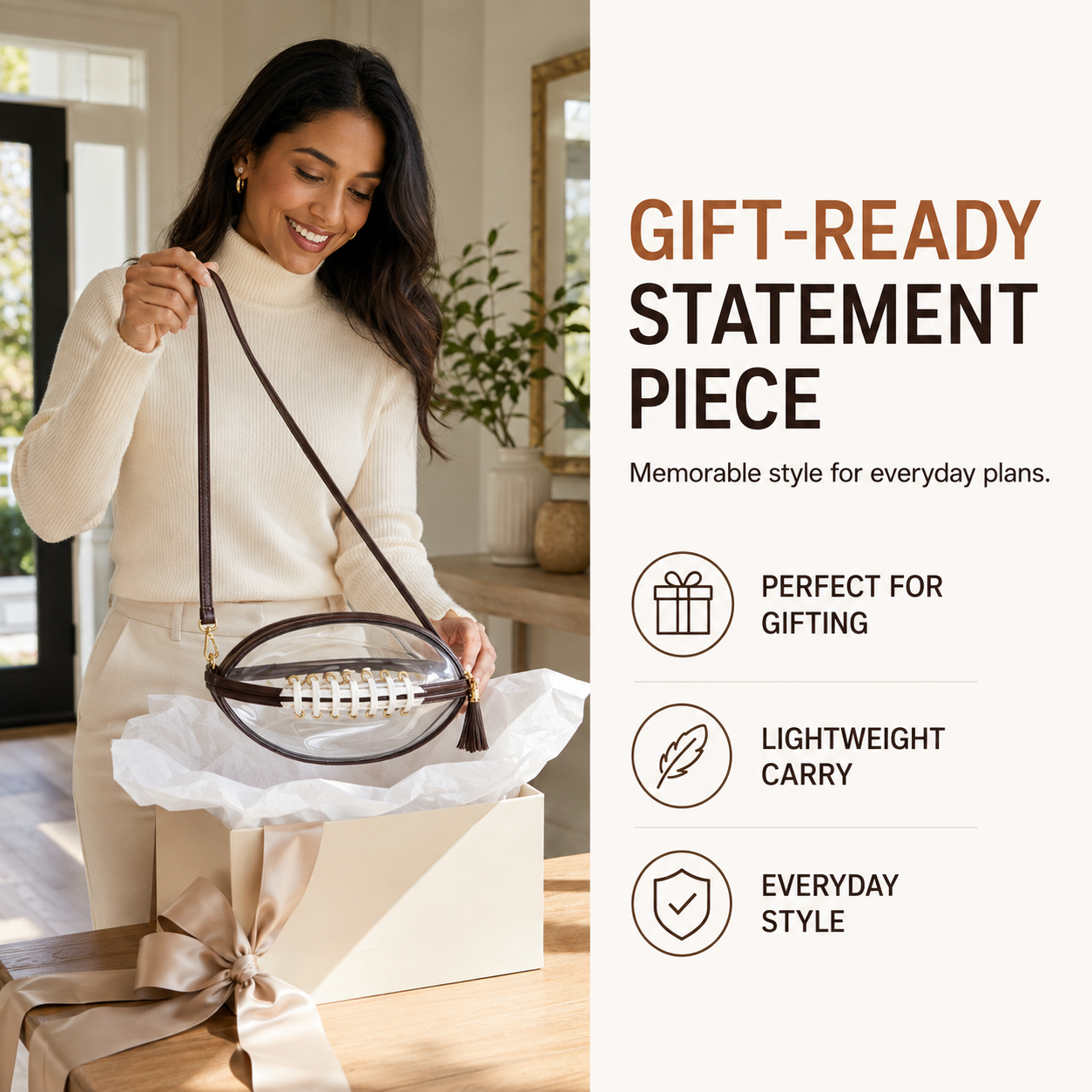 🏈 Clear Football-Shaped Crossbody Bag – Game-Day Style Meets Everyday Convenience ✨