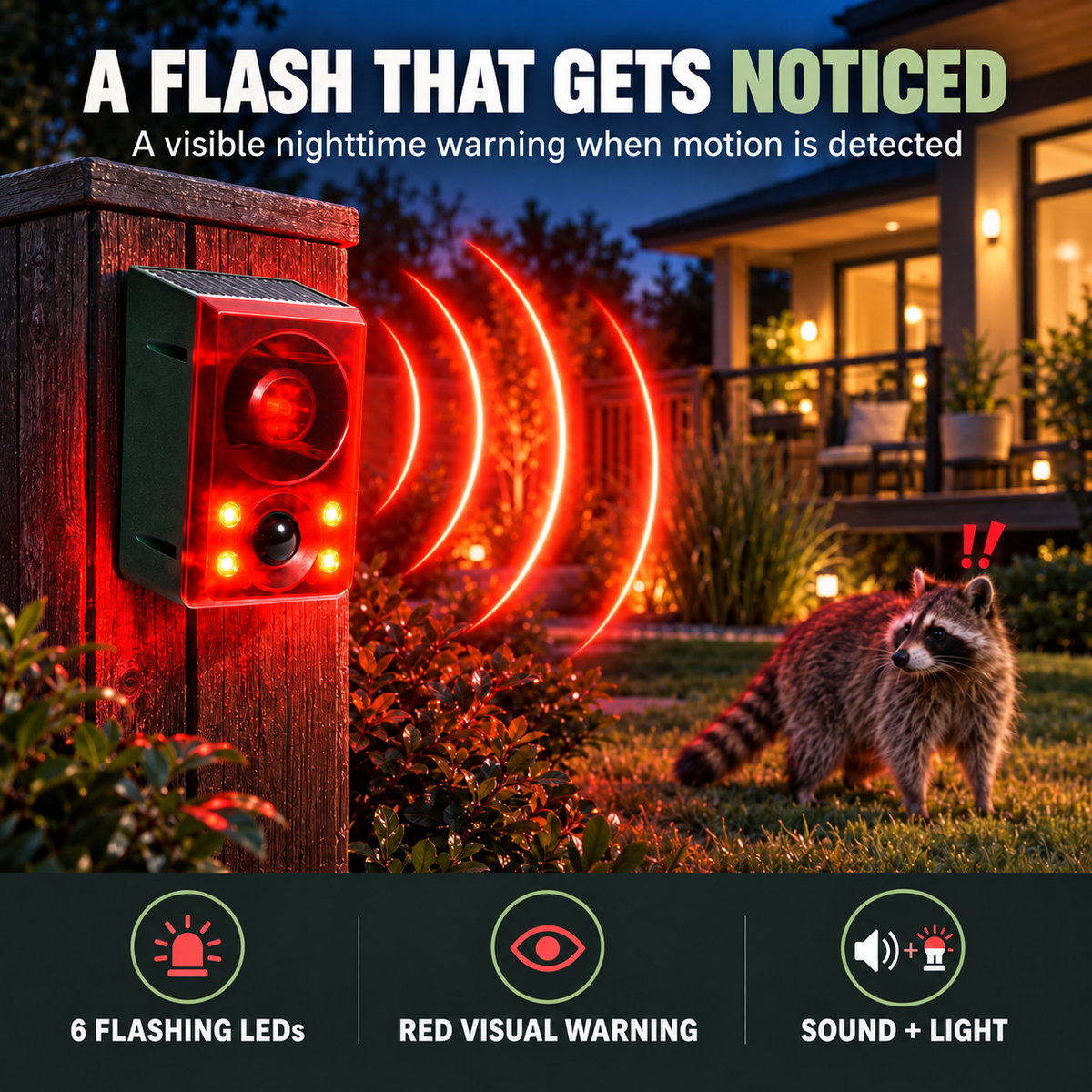 Solar Outdoor Motion Sensor Alarm - Dog Barking & Gunshot Sound, Support Recording and Volume Adjustment, 130dB Noise with Flashing Light to Deter Raccoon, Deer, Skunk, Bear, Coyote