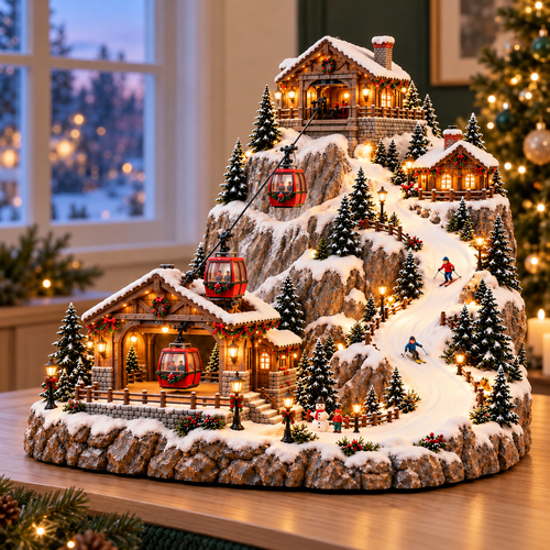 20cm-Animated Christmas Mountain Cable Car & Ski Village Scene ✨