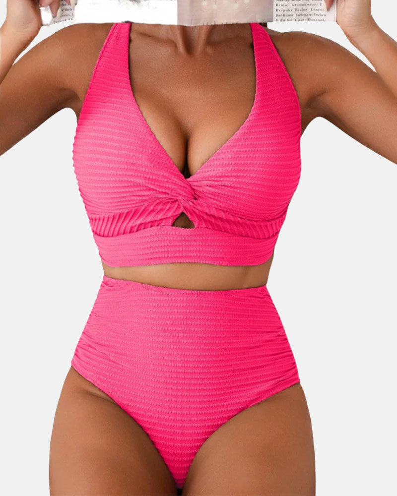 Textured Twist Front High-Waisted Bikini Set
