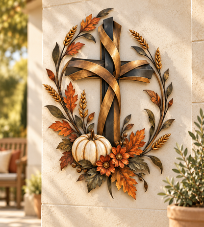 ✝️🍂 Autumn Cross & Pumpkin Harvest Metal Wall Decor
