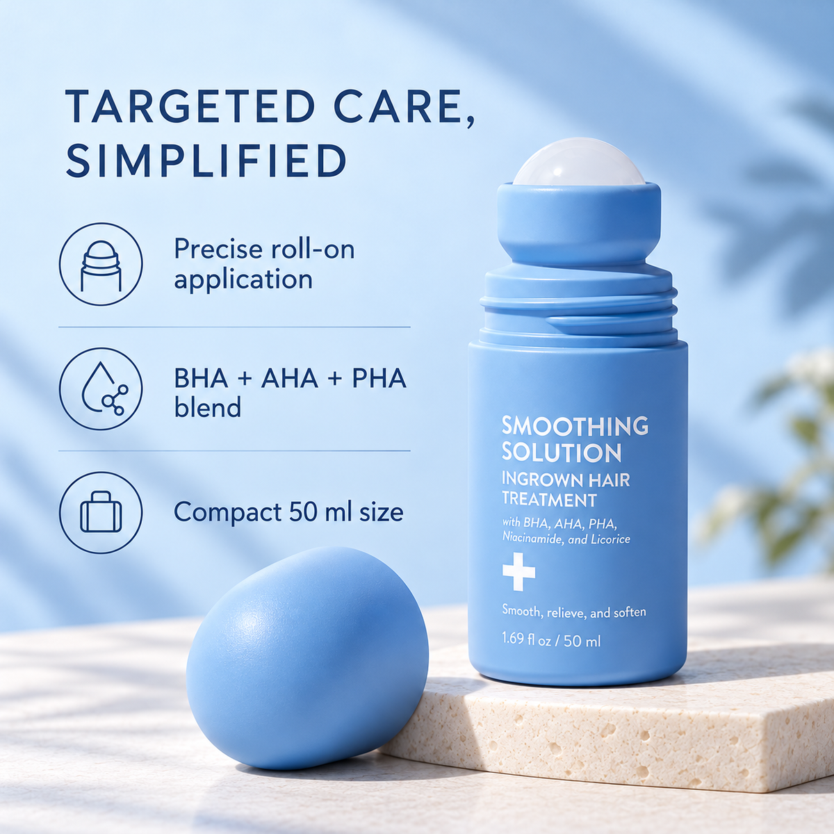Lazzda Hair Treatment Rollerball in a blue 50ml bottle for ingrown-prone skin